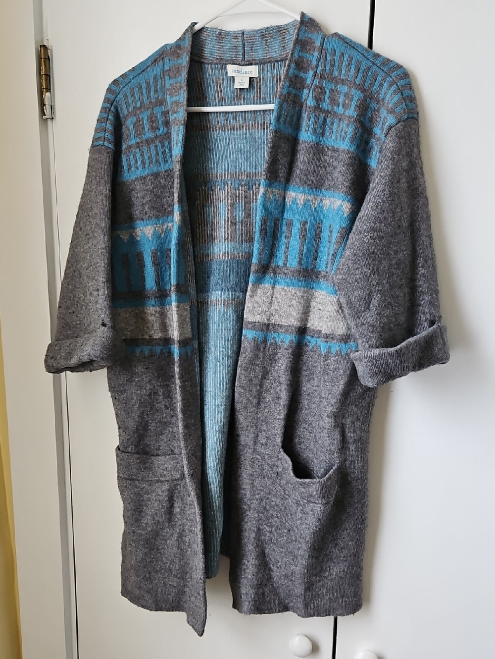 Sundance Gray and Teal Patterned Open-Front Cardigan